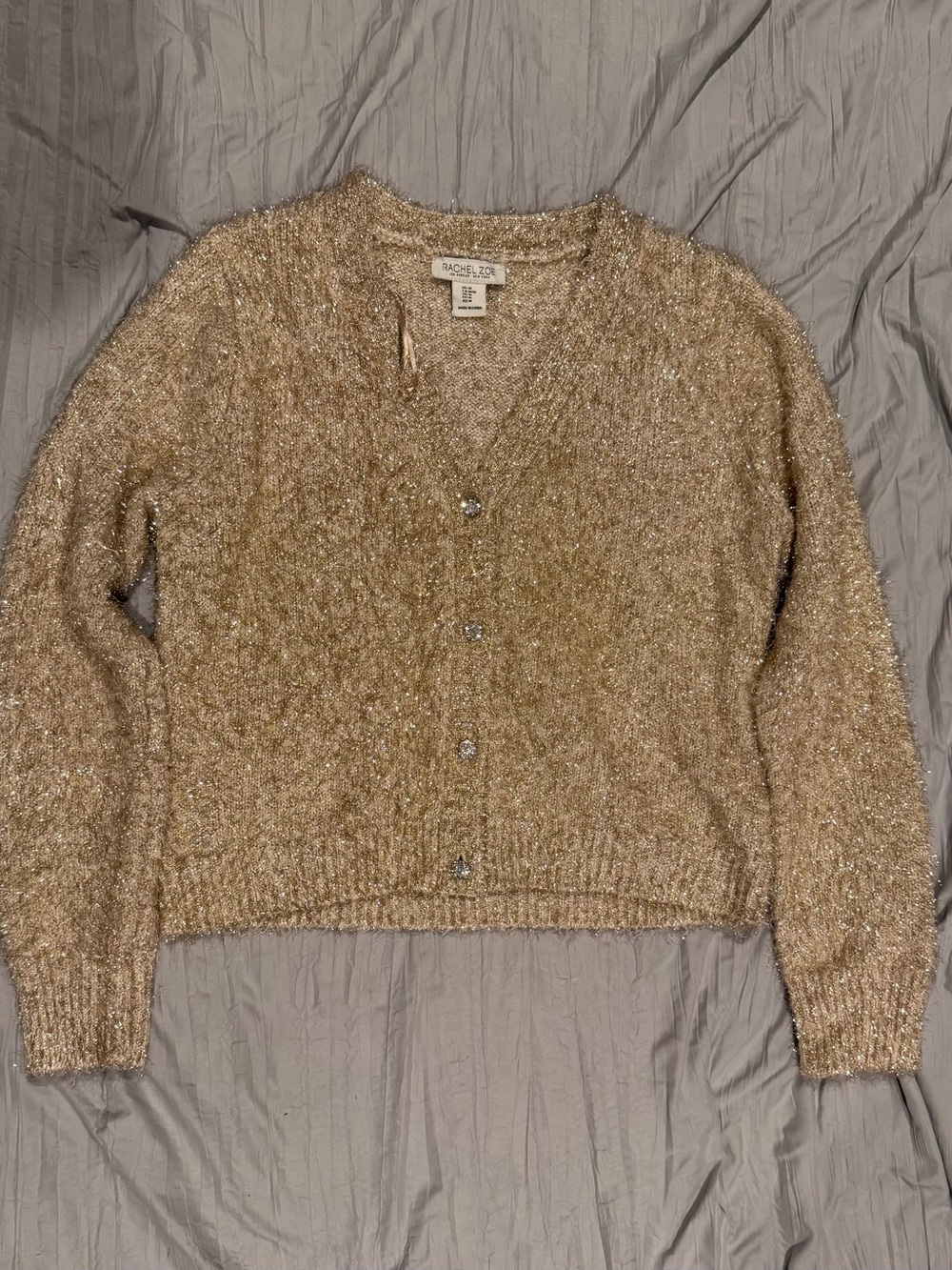 Rachel Zoe Gold Shimmery V-Neck Button Cardigan